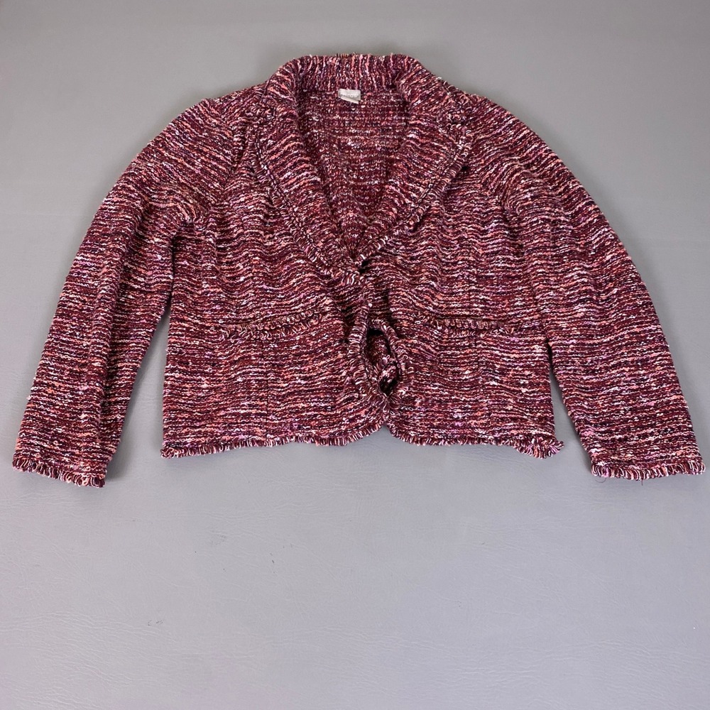 Chico's Cardigan Jacket Size 3 US XL Cropped Burgundy Marled Knit Fringed Blazer